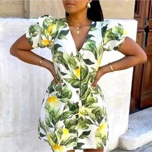 NEW H&M Linen Lemon Print Puff Sleeve Button Front Summer Mini Dress Blogger XS
